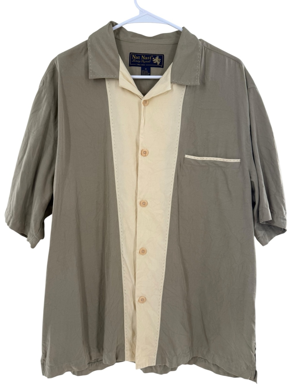 Nat Nast Shirt Silk Retro Mens M Beige Clay Blonde Colorblock Bowling Button Up